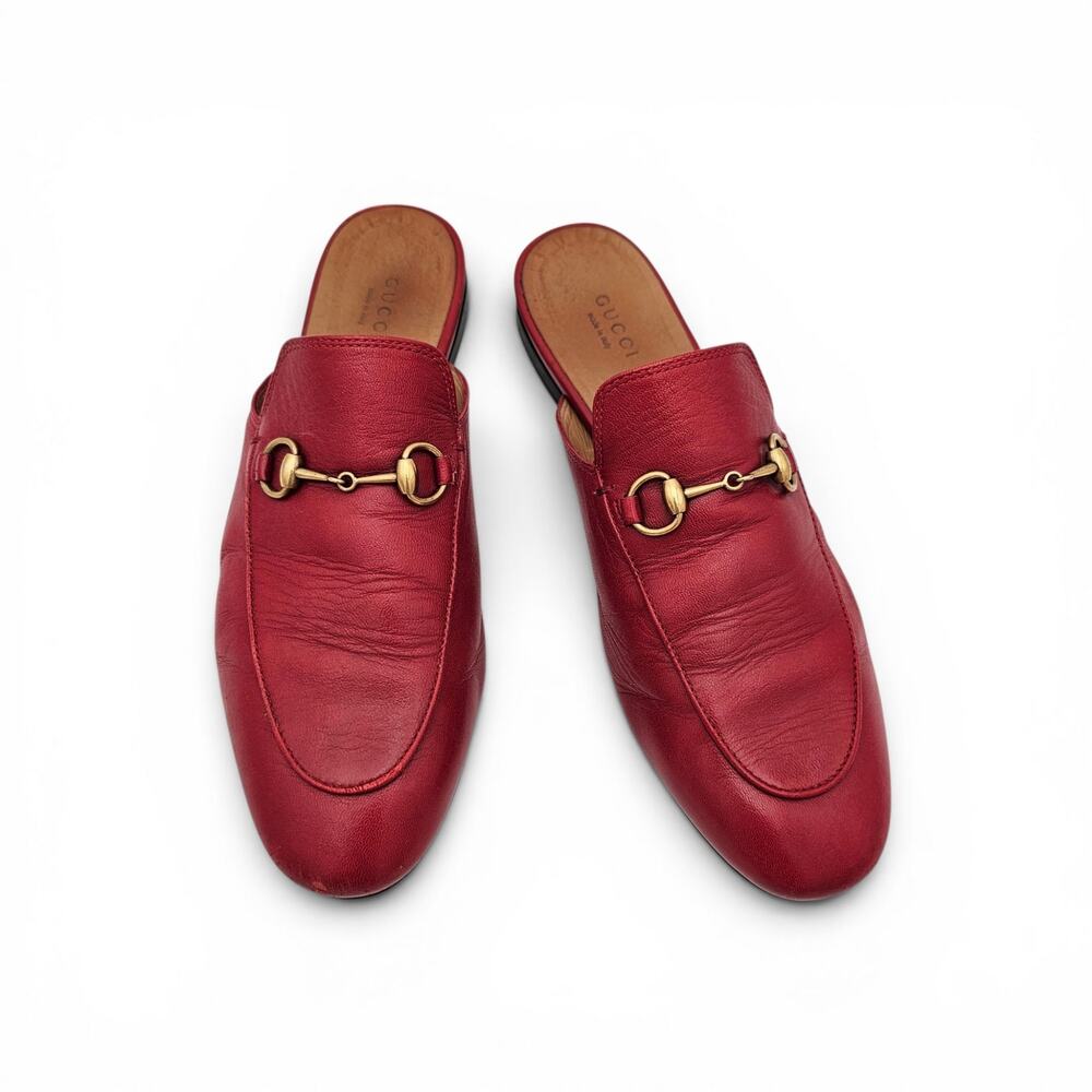 Gucci Princetown Red Leather Gold Horsebit Flat Mule Slide Slipper Size 39 9